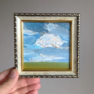 Paisagem de verão Campo verde Céu azul claro Pintura original Texas EUA Paisagem Fazenda rústica Arizona Cenário Quadrado pequeno Arte emoldurada