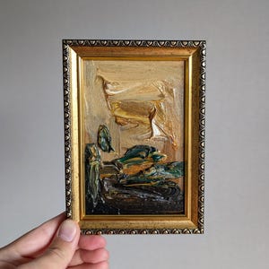 Arte abstracto beige, pintura de empasto de 6 x 4, arte enmarcado, pintura al óleo original, obra de arte texturizada, arte de pared moderno, arte contemporáneo, decoración en negro y verde