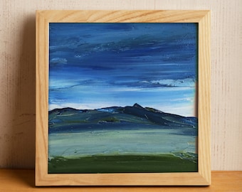 Tiny 4x4 Painting Navy Blue Sky Miniature Abstract Green Textured Small Square Oil Painting Green Field Blue Mountains USA Landscape Scenery