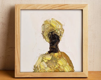 African Portrait Art, Black Woman Queen In Yellow Clothes Portrait, Small Abstract Painting, African American Painting, 4x4 Square Art
