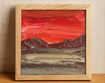 Red Sunset Painting California Art Abstract Small 4x4 Artwork Evening Desert Landscape Wall Art Afterdark Cali Scenery Tiny Scarlet Red Art