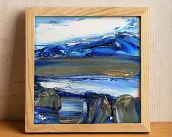 Miniature Art Painting Tiny 4x4 inch Miniature Alaska Ice Landscape Abstract Light Sky Snow Blue Colors Small Square Oil Painting