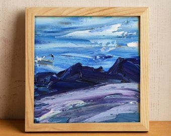 Miniature Art Painting Navy Blue Wall Art Small 4x4 inch Abstract Navy Blue Art Texas Desert Tiny Impasto Descent Original Oil Painting