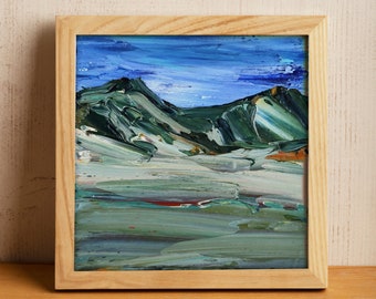 Cheap Original Art Tiny 4x4 Painting Miniature Abstract Green Textured Small Square Oil Painting Green Field Blue Mountains USA Landscape