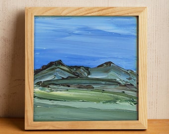 Miniature Art Painting Small 4x4 inch Oil Painting Blue Sky Forest Landmark Landscape National Park Nature Outdoors Travel USA Volcanic