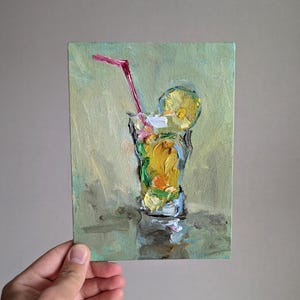 Mojito Art Cocktail Malarstwo olejne Mały napój Sztuka ścienna Kolorowy wystrój baru Martwa natura Oryginalne dzieło sztuki Szkło Cytryna Mięta Koktajl ze słomką