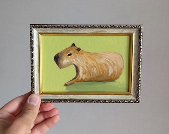 Capybara Painting Original Art Framed Oil Painting Pet Portrait Cute Small Artwork Funny Animal Art Ready To Hang Cavy Lover Gift