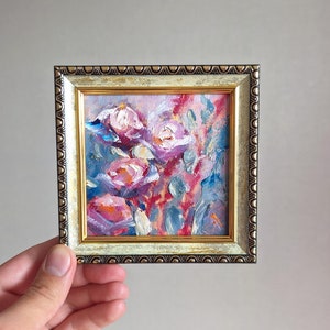 Pintura original de flores silvestres, arte floral, campo de flores silvestres, quadrado, 4x4" emoldurado, pintura a óleo original, azul, vermelho, arte floral emoldurada, pronta para pendurar