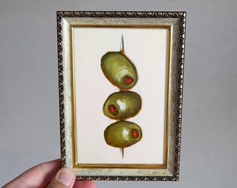 Gerahmtes Olive Martini Ölgemälde: Original Küchenbar Kunst