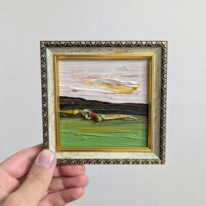 Pintura a óleo texturizada em impasto emoldurada, arte original, presente, peça colecionável, decoração de parede pequena, obra de arte exclusiva, paisagem de verão, campo emoldurado