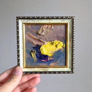 Mini pintura abstrata, arte com textura amarela enorme, arte emoldurada minúscula, pintura a óleo original 4x4, pintura texturizada, arte única e exclusiva
