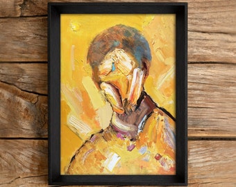 Portrait d'homme abstrait, peinture à l'huile jaune, art surréaliste, portrait d'homme coloré, art mural contemporain, peinture originale moderne, art unique