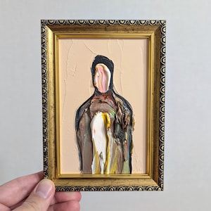 Retrato abstracto, pintura al óleo texturizada, retrato surrealista, pintura al óleo pequeña enmarcada, retrato espiritual abstracto, pintura original de 4 x 6