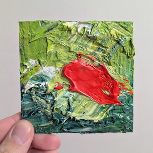 Arte abstrata verde 4x4 verde claro e vermelho mini pintura a óleo texturizada arte impasto arte original quadrado pequena pintura abstrata miniatura