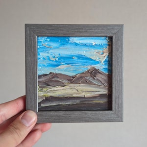 4x4 emoldurado abstrato paisagem pintura a óleo original céu azul-petróleo arte de parede pequena pintura abstrata cinza e azul paisagem pequena moldura quadrada