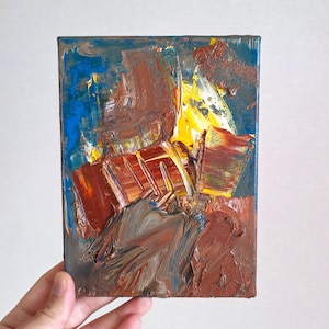 Textured Impasto Oil Painting: Ochre and Cobalt Abstract Art, 8x6&quot; Canvas