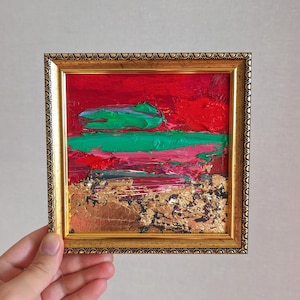 Pintura a óleo abstrata emoldurada em verde, vermelho e dourado, 6x6 Golden Wall Art Small Art Deco Wall Decor Modern Art Art com moldura, quadrado abstrato