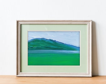 Green Field Painting Greenish Landscape Original Oil Painting Calm Artwork, River At The Foot Of Mountain Painting, Small 4x6 Original Art