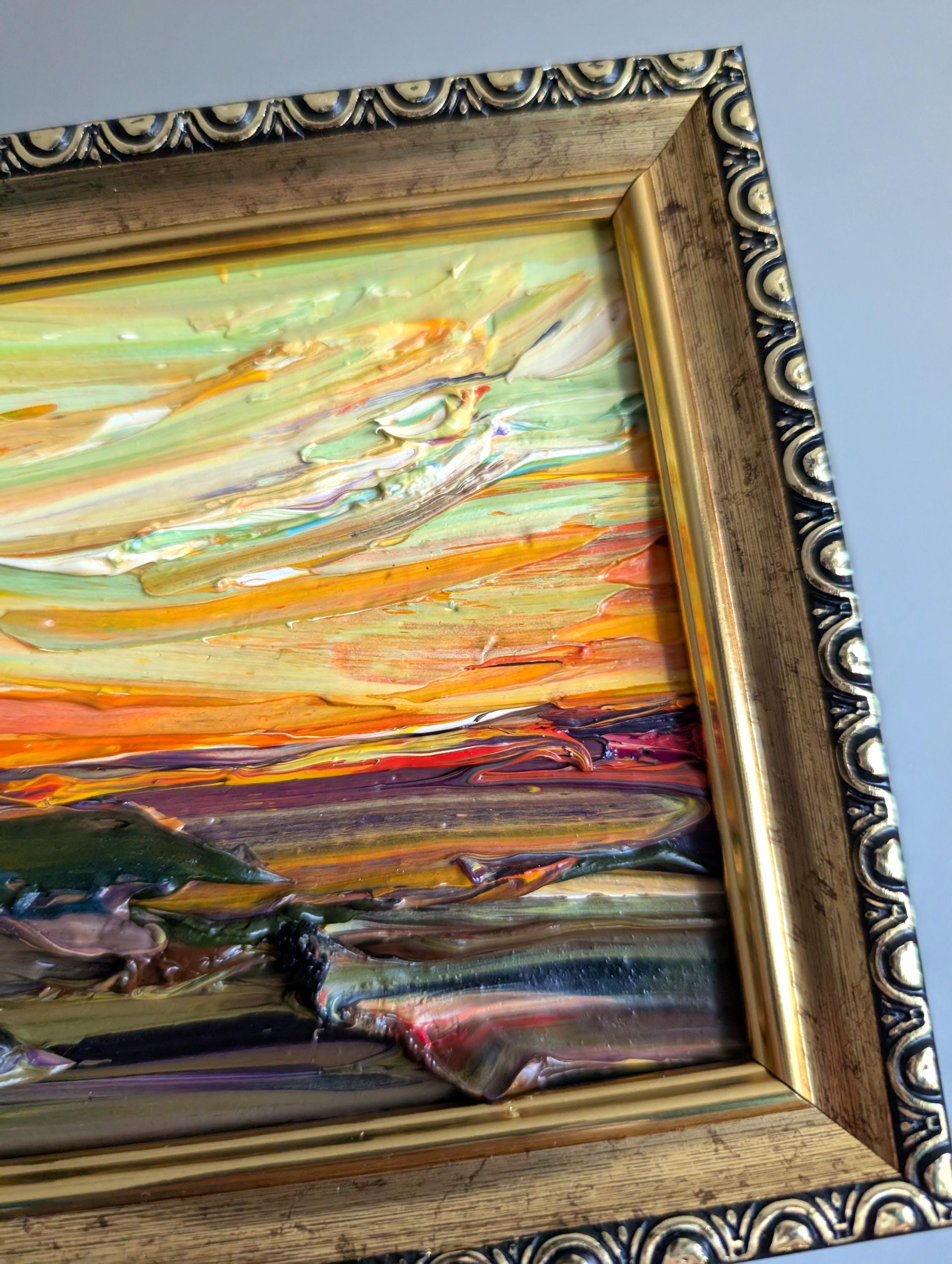 Miniature Mountain Landscape Oil Painting Yellow Sky & Brown
