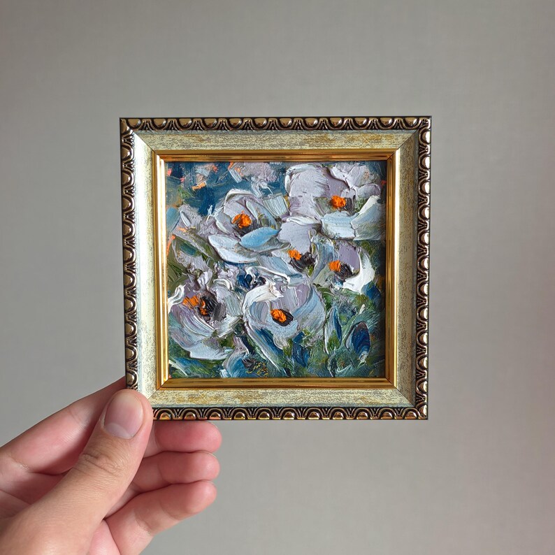 Original Anemones Painting Flower Art Blue Wildflowers 4x4 Original Oil