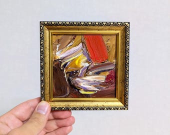 Framed Mini Textured Art Small Heavy Paint Yellow Abstract Art 4x4 Impasto Framed Square Oil Warm Bright Wall Art Tiny Painting Modern Art