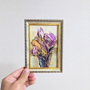 Buquê de flores roxas Natureza morta Pintura a óleo Quadrado pequeno Arte original Violeta Azul Flores silvestres Impressionista Arte de parede Pintura abstrata