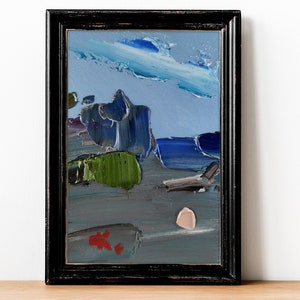 Alaska Abstract Oil Painting: Dark Blue Landscape, Tiny Art (4.9x3.9 in)