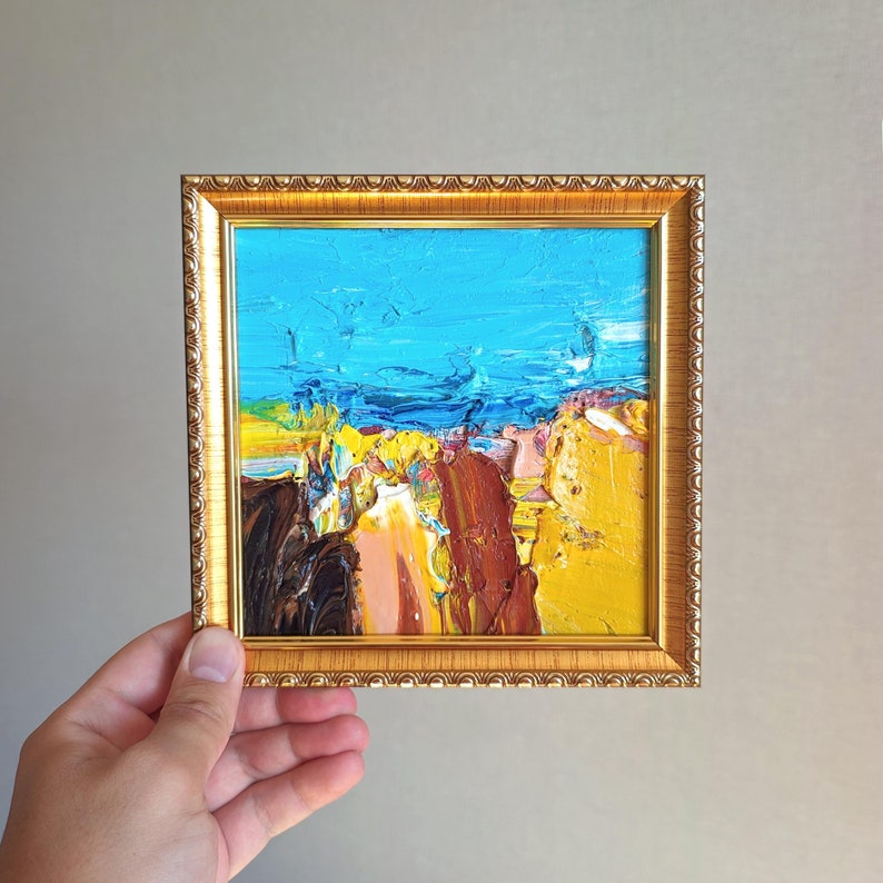 Framed 6x6 Abstract Painting Yellow Wall Art Blue Square Wall Decor