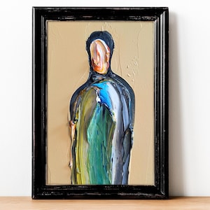 Abstract man portret 4 x 6 getextureerde schilderij origineel olieverfkunstwerk hedendaags mannelijk modern portret surrealistisch klein beige abstract portret