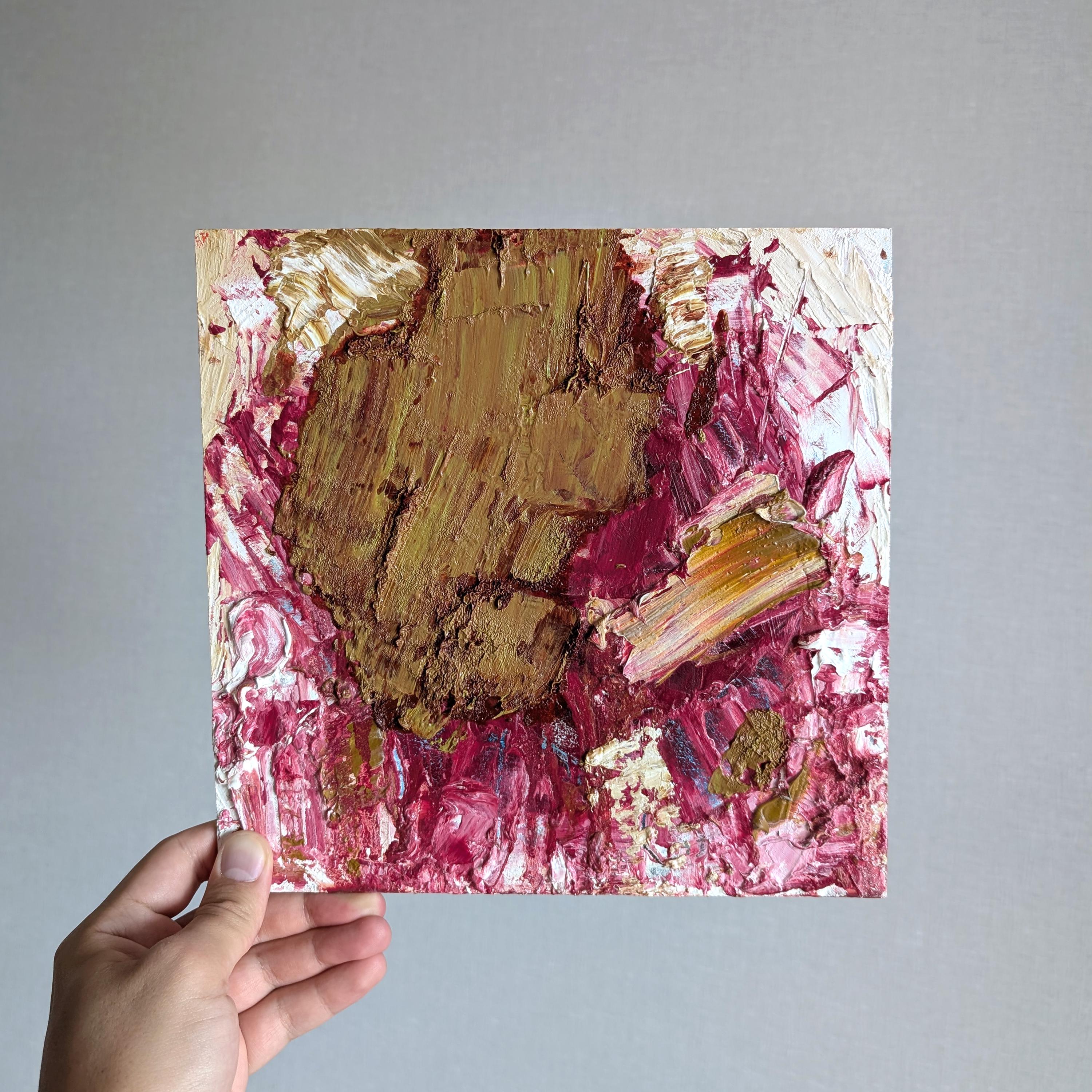 テクスチャードインパスト油絵：抽象的な花のアート、10x10インチ