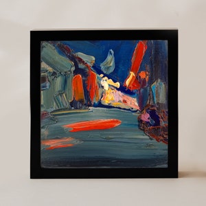 Pintura abstrata de paisagem noturna de rua 8x8, impressionista, noite, cidade europeia, arte de parede original, decoração de parede moderna, paisagem urbana