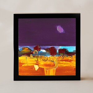Pintura a óleo original abstrata paisagem brilhante roxo laranja 6x6 quadrado pintura colorida formas abstratas pequeno roxo papelão