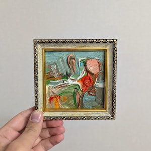 Pintura al óleo original texturizada abstracta colorida de 4 x 4 en marco verde con acento rojo, obra de arte alegre, mini regalo para amantes del arte, arte en miniatura