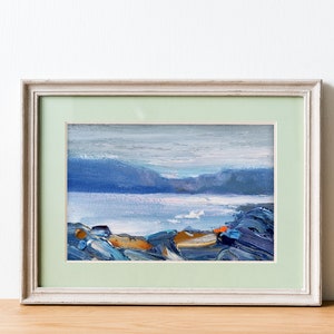 Pintura al óleo original de arte del océano azul claro, paisaje costero de playa abstracto, arte de California, pintura al óleo original moderna de cartón