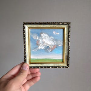 Pintura de cielo azul enmarcada pequeña de 4 x 4 pulgadas, arte texturizado de Arizona, pintura original de paisaje, arte abstracto, arte alegre, arte moderno de granja de EE. UU.