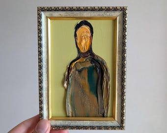 小さな抽象油絵：カラフルなシュールな肖像画、6x6インチのモダンな壁