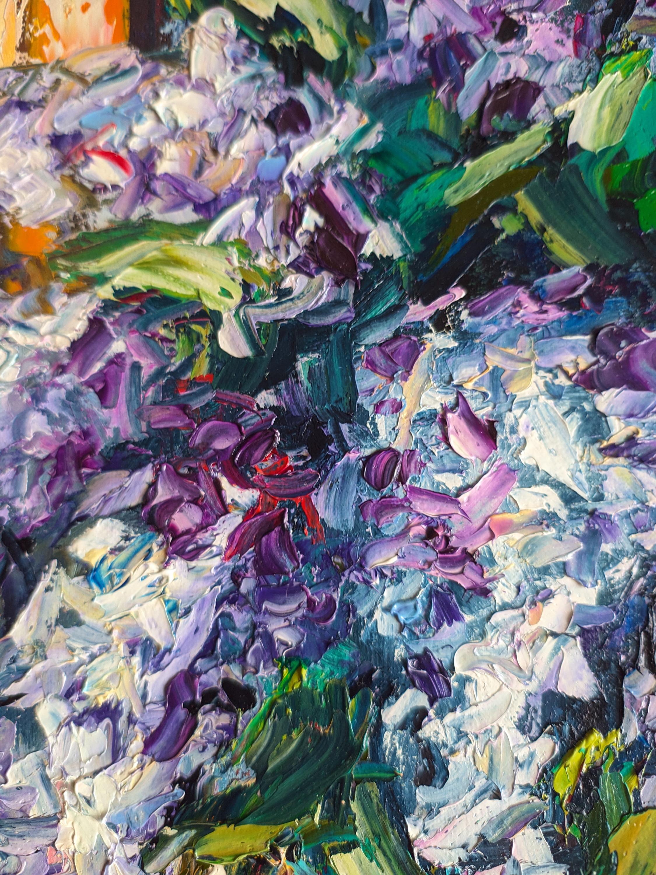 ライラックの絵画：オリジナルの油絵、テクスチャードフラワーアート
