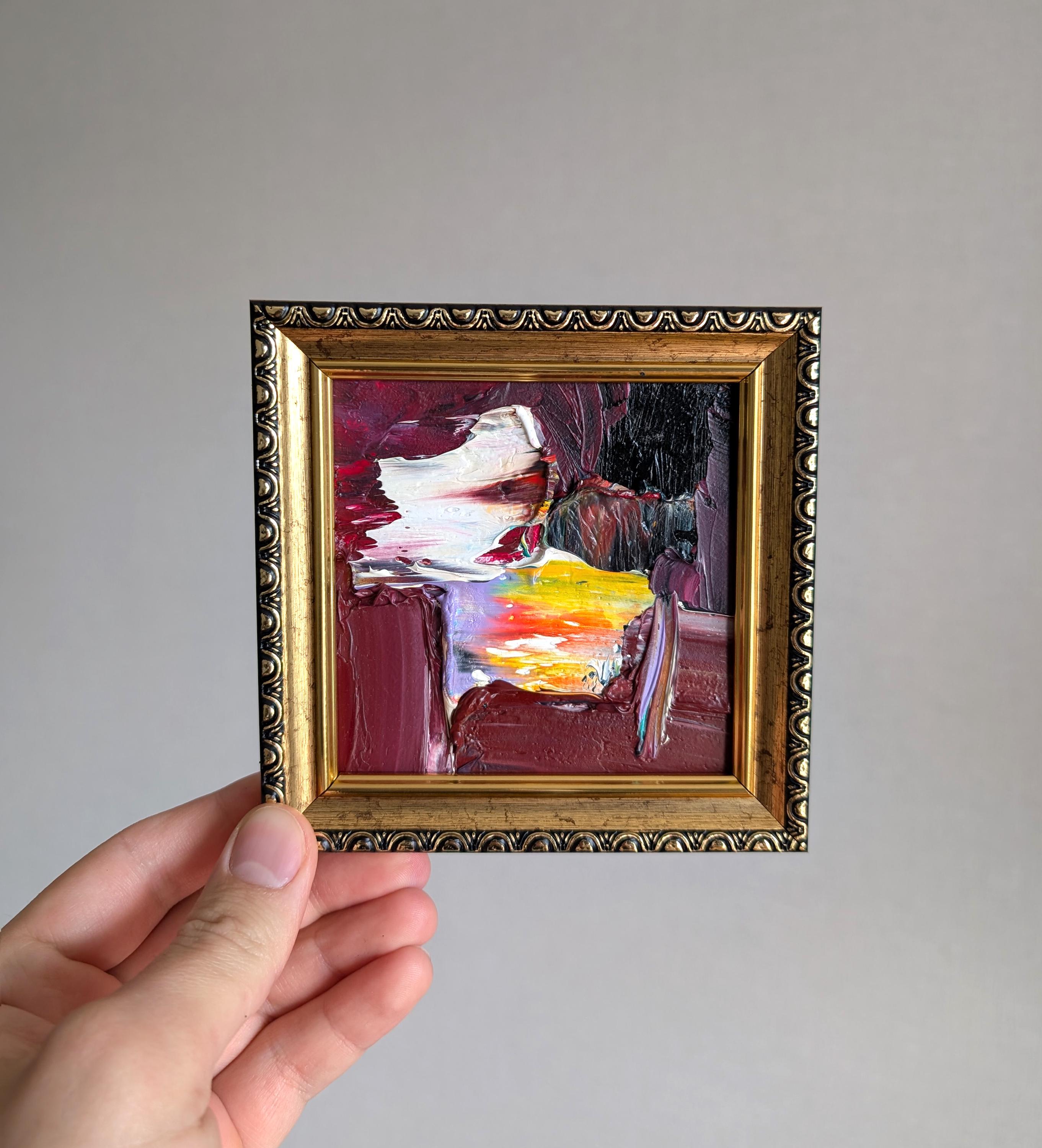 質感のある抽象油絵：ミント、イエロー、ブラウンの厚塗り技法 - 額装 