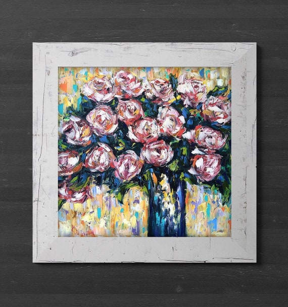 バラの油絵：抽象的な花のアート、色彩豊かな印象派の作品（16x16