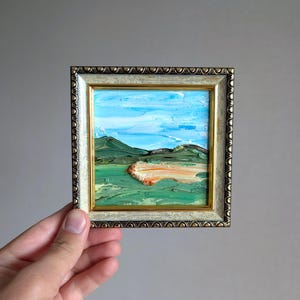 Arizona Art Monument Valley Oil Painting Soft Blue Sky Mountains Green Summer Scenery Original Art 4x4" Square Mini Landscape Small Art