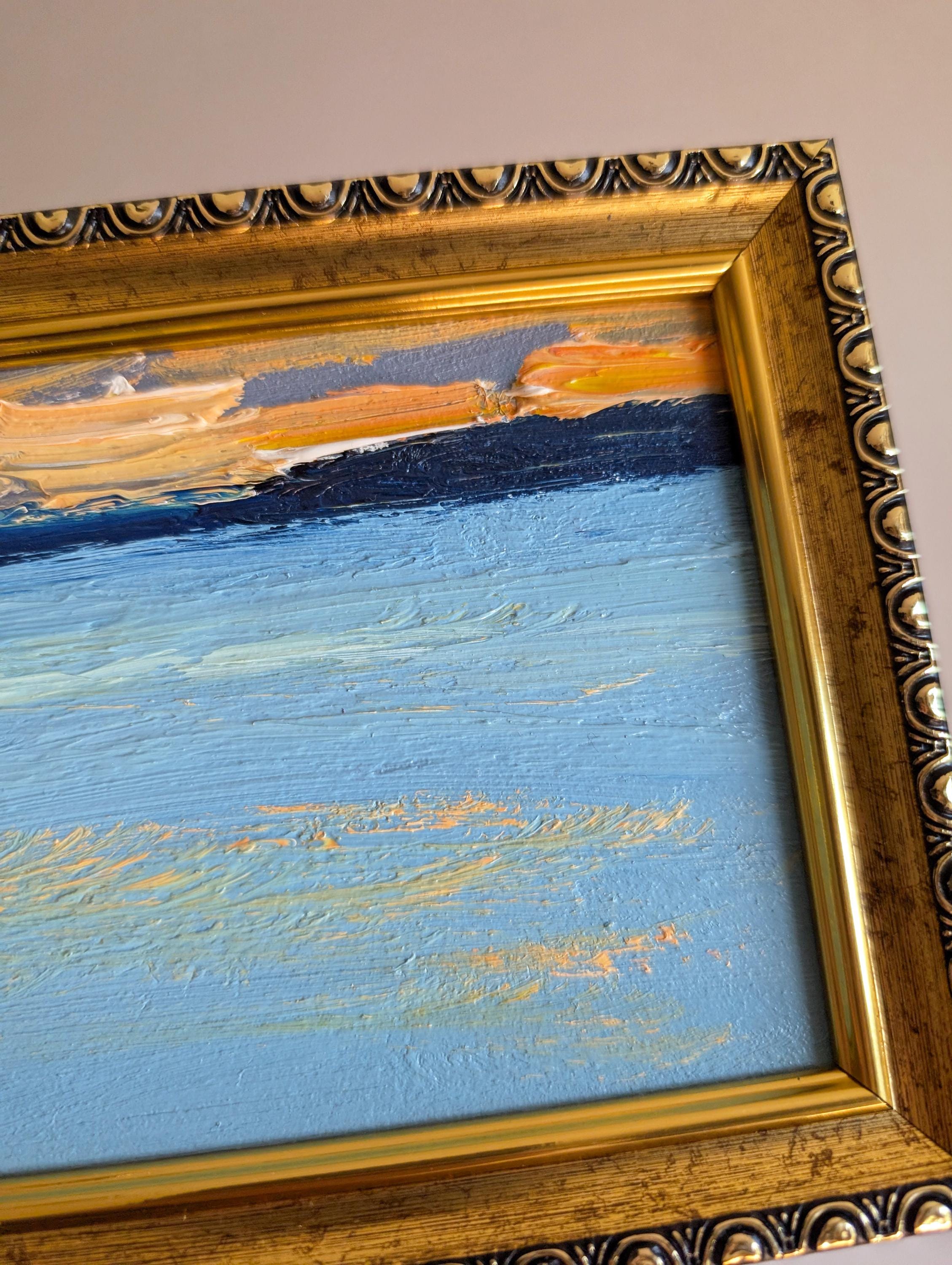 小さな抽象的な夕日の油絵オレンジブルーの海景6x4オリジナルアート