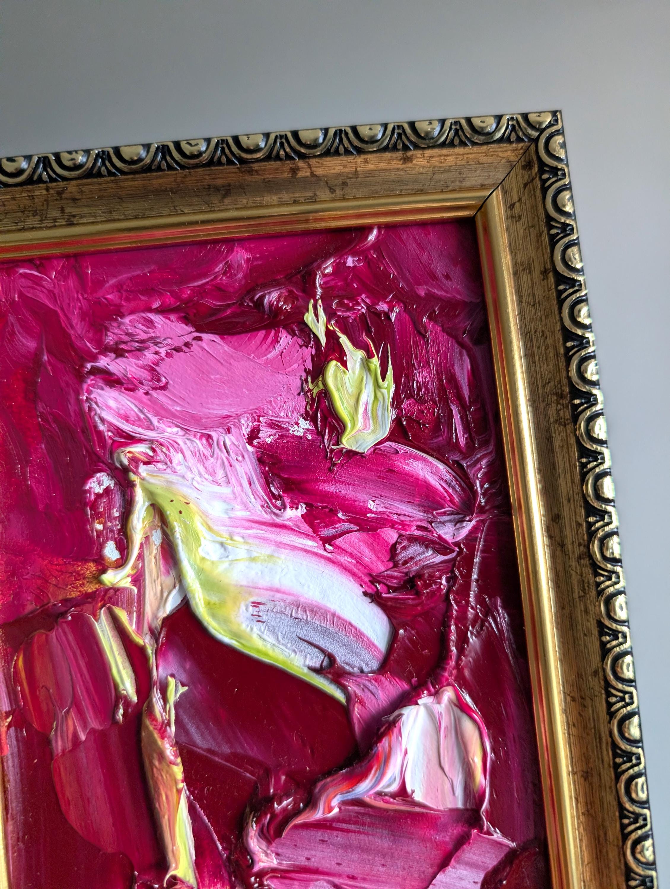Textured Wine Red Oil Painting: Small Framed Abstract Impasto Art