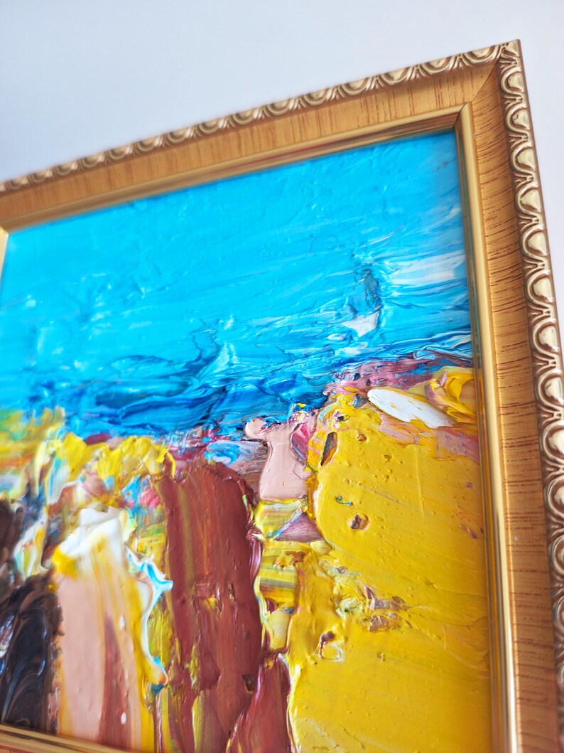 Framed 6x6 Abstract Painting Yellow Wall Art Blue Square Wall Decor