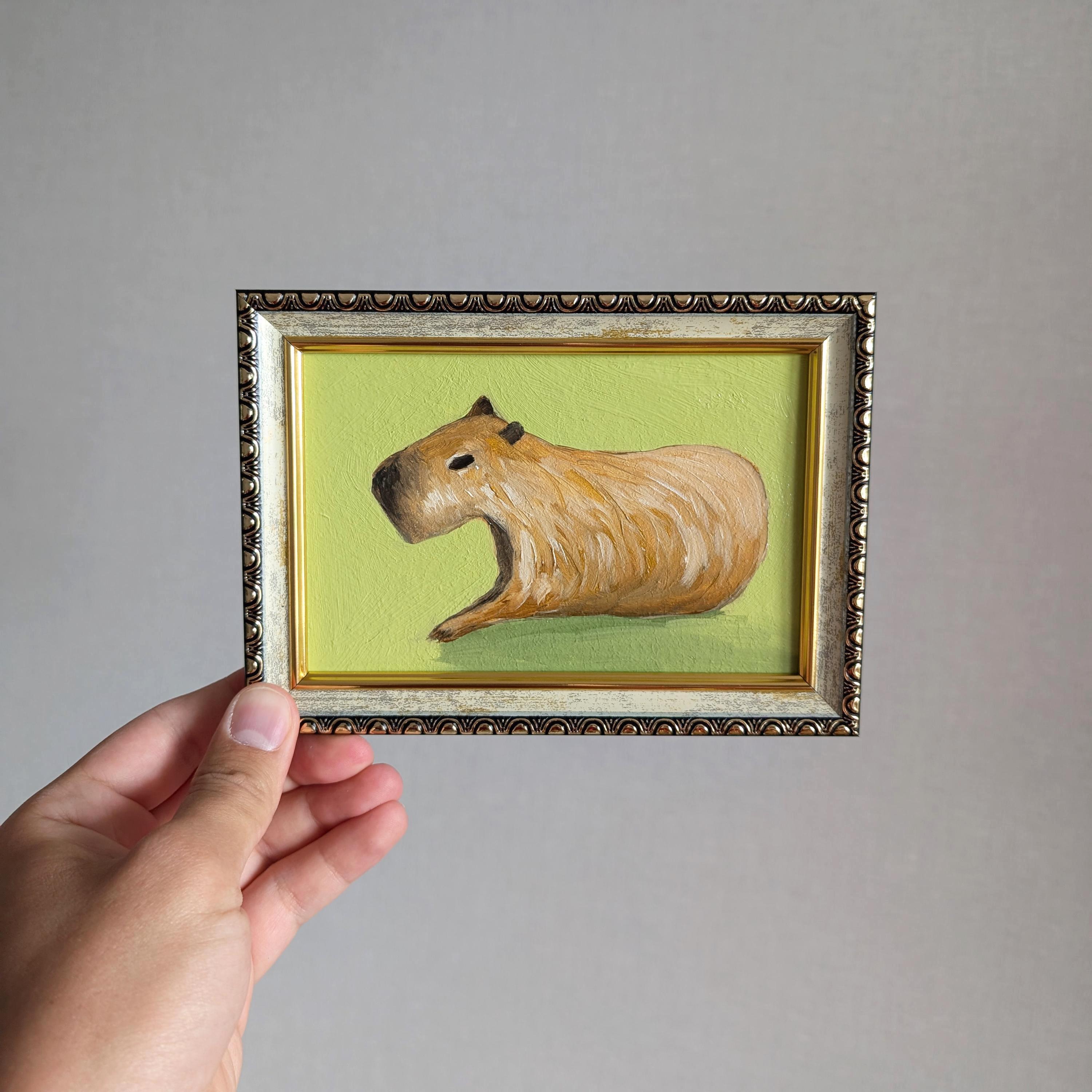 額入りカピバラの絵画、オリジナル油絵（4 x 6インチ） - Etsy 日本