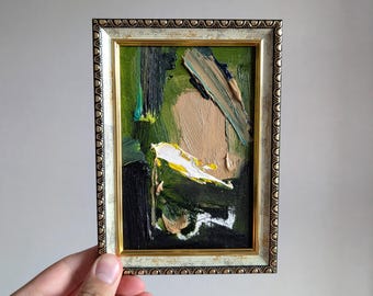 Framed Art Textured Oil Painting Black Green Abstract Small Painting Framed Original Art Modern Tiny Art Ready to Hang Framed 6x4 Piece