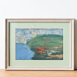 Pintura de campo de papoulas da Califórnia 4x6 Papoulas da Califórnia Laranja Vermelho Flores silvestres Oceano Litoral Pequena pintura original em papelão Paisagem