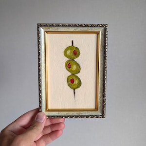 Olives on Skewer Art Kitchen Bar Cart Oil Painting Small Food Wall Art Small Still Life Original Artwork Decor Cocktail Minimalist Tiny Art