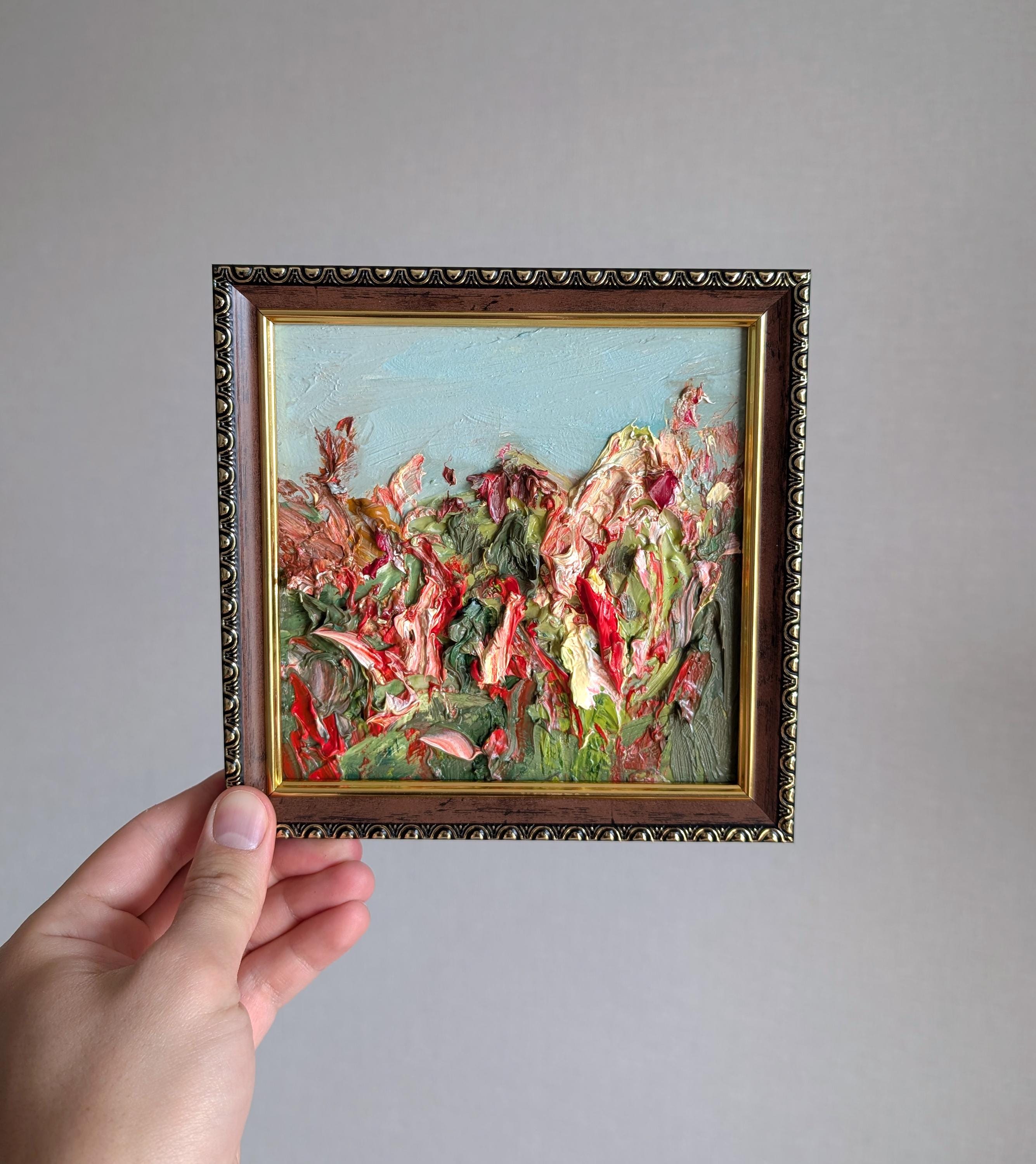 抽象的な花の絵画、赤とオレンジの花のアート（6x6インチ）額装済み