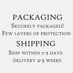 May include: Text on a light gray background reads "PACKAGING" and "SHIPPING". Below "PACKAGING" are the words "SECURELY PACKAGED!" and "FEW LAYERS OF PROTECTION". Below "SHIPPING" are the words "SHIP WITHIN 1-2 DAYS" and "DELIVERY 2-3 WEEKS".