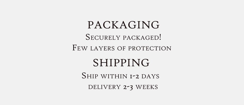 May include: Text on a light gray background reads "PACKAGING" and "SHIPPING". Below "PACKAGING" are the words "SECURELY PACKAGED!" and "FEW LAYERS OF PROTECTION". Below "SHIPPING" are the words "SHIP WITHIN 1-2 DAYS" and "DELIVERY 2-3 WEEKS".